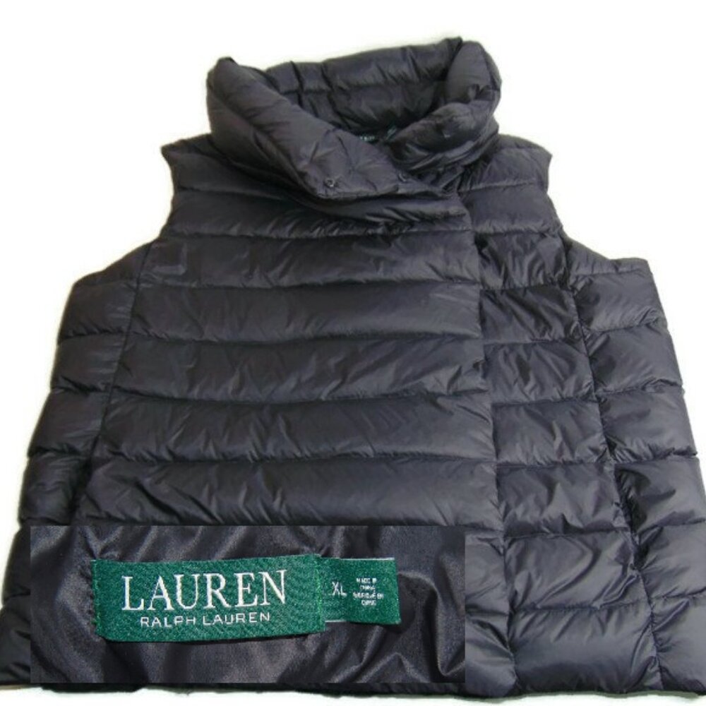 Ralph Lauren Women's XL Down Vest Puffer Snap Button Black Mock Neck